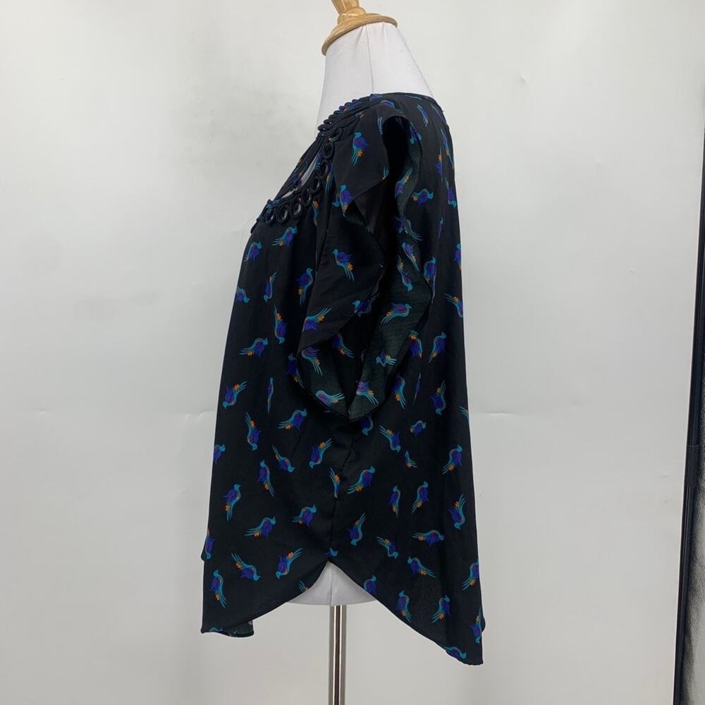 Ranna Gill Blouse Womens S Small Black Birds Cutout Neckline Flutter Sleeve Top - Picture 6 of 12